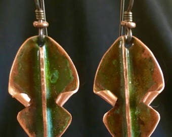 Fold formed copper patina dangling earrings