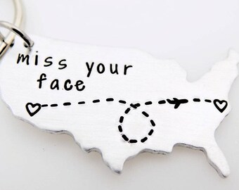 CUSTOM Long Distance Relationship KEYCHAIN - USA - I Miss You - add your own Personalized Message going away gift for her or him