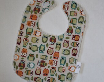 Off White Owls Fabric and Chenille Boutique Bib