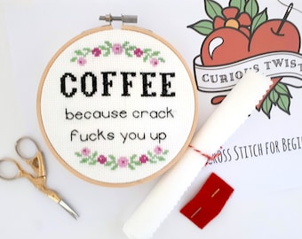 Coffee cross stitch kit, handmade wall art, funny wall hanging, coffee lovers gift idea, DIY craft set, adults arts and crafts, mature
