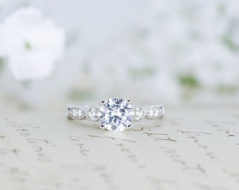Art Deco Engagement Ring - Round Cut - Promise Ring - Purity Ring - Wedding Ring - Solitaire - Vintage - Antique Style - Sterling Silver