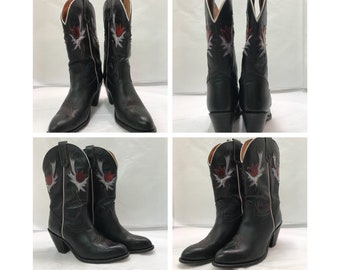 Vintage 80's Stacked Heels Miss Capezio Black Leather Multi Color Western Cowgirl Boots sz: 10M