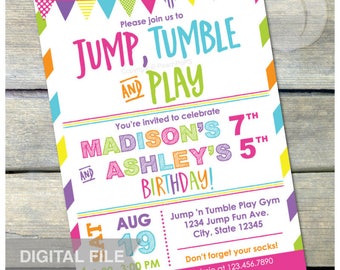 Joint Gymnastics Birthday Invitation Jump Tumble Play Girls Sisters Pink Party - DIGITAL Printable Invite - 5” x 7”