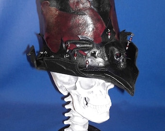 Leather "Midnyght Crimson" Gothic Tribal Victorian Riding Hat OOAK