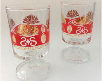 Pair of Two 1950's Red and Gold Luminarc French Footed Shot Drinking Glasses- Midcentury Tumbler- Vintage Retro Bar- Cordial Stemware Set