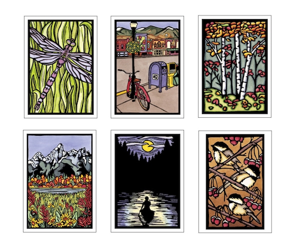 Best Seller Collection - 6 Blank Greeting Cards - Dragonfly, Main Street, Tetons, Solitude, Chickadees, Autumn Leaves - Summer, Spring, Fall