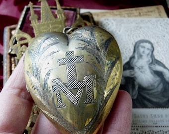 1800's French Silver Gilt Sacred Heart Antique French Virgin Mary Heart Reliquary, offered by RusticGypsyCreations