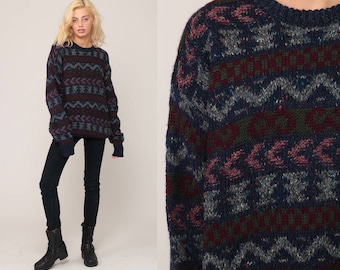 Geometric Sweater 80s Striped Zig Zag Knit Jumper 90s Sweater Boho Hipster Vintage Pullover Blue Green Retro Zigzag Retro Extra Large xl