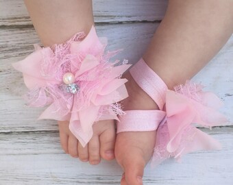 Light Pink Lace Baby Barefoot Sandals with Rhinestone and Pearls - Sandals - Baby Shoes - Photography Prop - Barefoot - Preemie Newborn