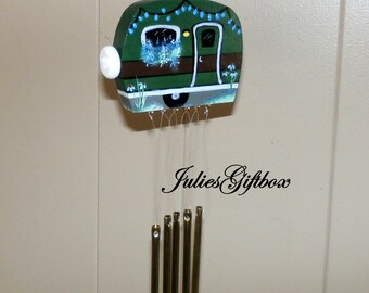 Small Camper Wind Chime-Goldtone Aluminum Chimes-Hand Crafted-OOAK-Travel Trailer-Fathers Day