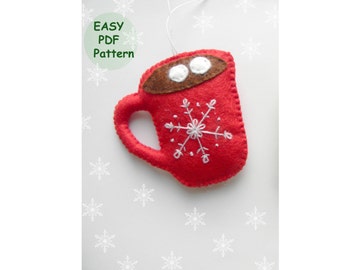 PDF pattern, Felt Christmas ornaments pattern, Cup of cocoa pattern, easy sewing pattern, easy embroidery snowflake pattern