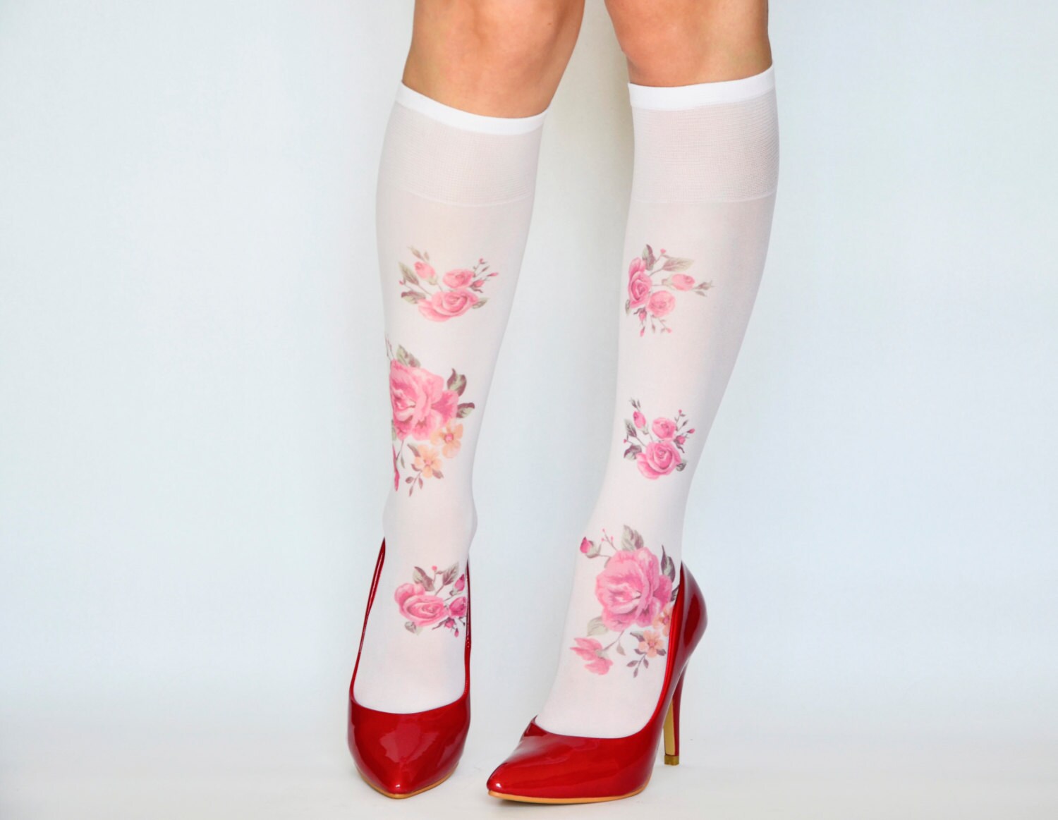 New Flowers Printed Knee High Socks Hand Printed Nylon