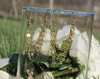Gold plated double piercing earring, pair, double hole piercings, two hole chain earrings, triple chains, triple lobe earrings, two hole