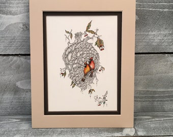 Wall Art, Original Fine Art Pen & Ink Drawing Guido E. Orsini, Cardinal Birds, Heart Sketch Abstract Illustration Drawing, Item#259887576