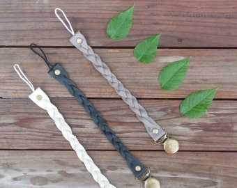 Leather braided pacifier holder with bronze or silver clip