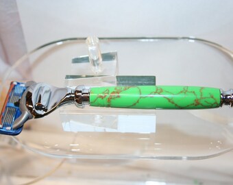 Handcrafted Razor Handle in Gaspeite Tru-Stone for Gillette Fusion Pro-Glide, Finished in Bright Chrome