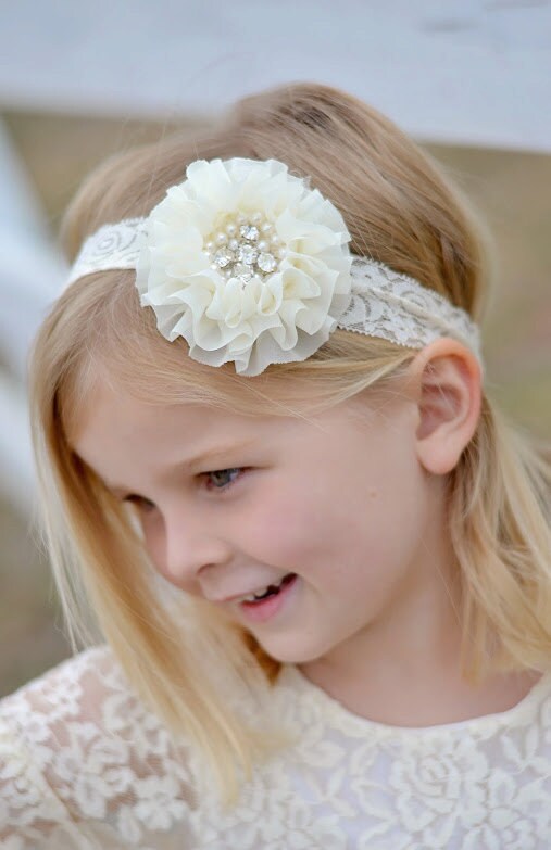 Ivory Cream Rhinestone Lace Headband Toddler Lace headband