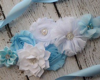 Flower Sash, light blue , white Sash , flower Belt, maternity sash