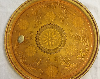 Vintage Tiara Sandwich Glass Round Tray for decanter set in Amber