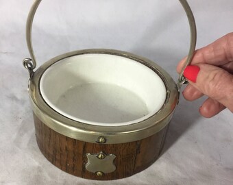 Antique Butter Dish In Wooden Container With Porcelain Liner