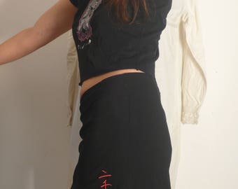 Vintage Retro 90s Stretchy Bodycon High Waist Mini Pencil Skirt, Goth Grunge Club Kid Rave, Ravens Feathers Fell Like Ash Upon The Floor.