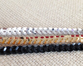 BLACK GOLD or SILVER sequin trim 5 yards 6mm for sewing, jewelry, crafts and more