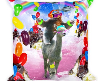 Sloth Riding Alpaca With Sundae And Jelly Beans Square Pillow
