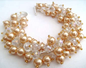 Champagne Gold Pearl Bracelet, Bridal Jewelry, Wedding, Pearl Bridesmaid Bracelet, Cluster Bracelet, Chunky Bracelet, - Designs by Kim Smith