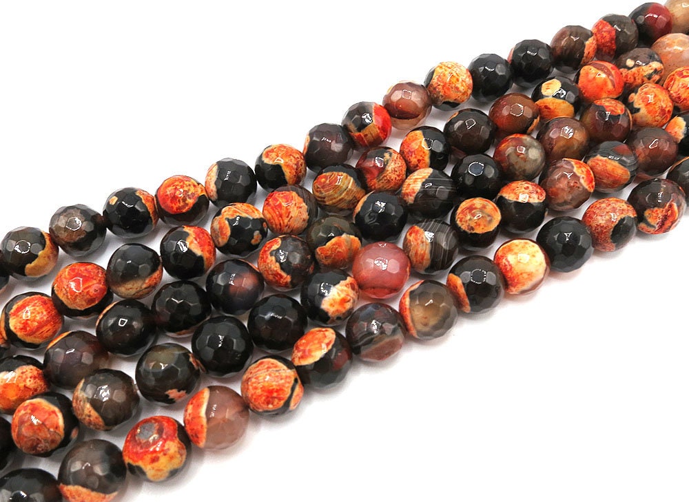 8mm Orange Black Fire Agate Beads Faceted Round Polished Natural