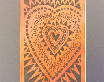 linocut - HEART // 8x10 art print // gray & pink // printmaking // block print // love art // original art // 4x6 // wall art