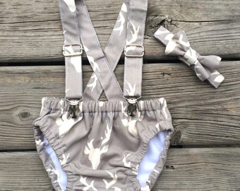 Baby Boy Diaper Cover Set, Baby boy Bloomer, Diaper Cover - 3pc. Diaper Cover, Suspenders and Bowtie.