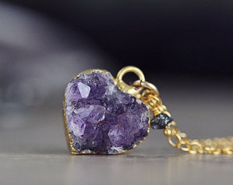 Amethyst Heart Necklace - Dainty Druzy Necklace - Valentines Day Gift - February Birthstone - Rough Diamond Necklace - Amethyst Jewellery