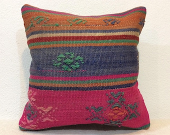Pink pillow cover,16 x 16 Pink pillow,pink,blue,cushion,pillow,vintage style pillow,handcraft,handwoven kilim pillow