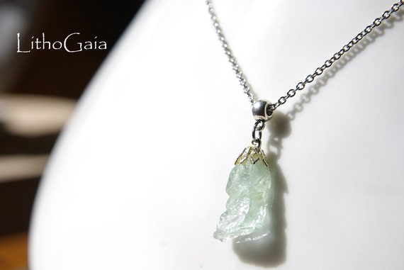 Raw Aquamarine Choker Necklace, Raw Crystal Jewelry, Gift for Her, Chakra Throat, Leather Cord, Stainless Steel