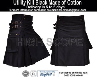 Black Utility Kilt 30" to 50" Made of Cotton All Color Available Fastest delivery in 5 to 6 days