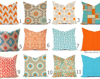 Pillow Covers - Orange Tangerine Blue Aqua Turquoise Natural Linen Ikat Modern- All sizes 16x16 18x18 Throw Toss Accent Pillow