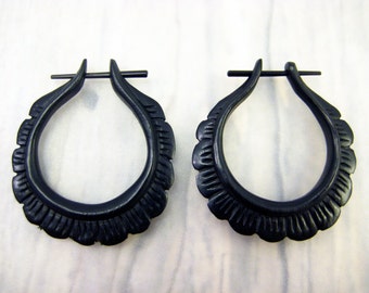 Oval Hoop Handmade wood Post Earrings Tribal Style - Gauges Plugs Bone Horn - PE004 DW G1