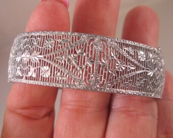 Art Deco Rhodium Plated Filigree Bangle Bracelet Hinged Antique Jewelry Antique Bracelet