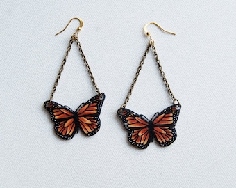 Monarch BUTTERFLY EARRINGS, Shrink Plastic Jewelry, Orange and Black, Entomology, Insect, Wearable Art
