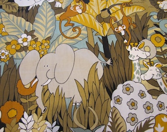 1970'S Jungle Fabric, House 'N Home Fabrics, 1970's, Cotton, Decorator Weight Fabric, Juvenile, Child, Kids, Jungle, Safari, Elephant, Lion