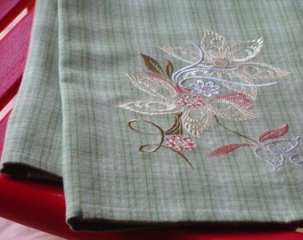Whimsy Flowers Kitchen Towel Green Plaid