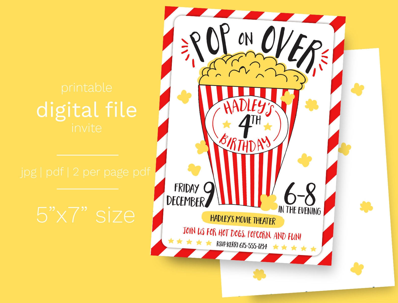 Popcorn and Movie Party Birthday Invitation DIGITAL FILE movie