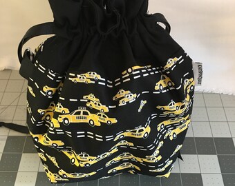 NEW YORK CITY transit print medium fully-lined cotton drawstring knitting project bag