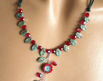 Red and green turquoise leaf necklace