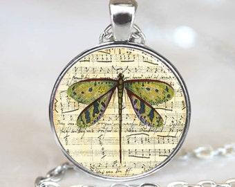 Dragonfly Sheet Music Glass Tile Necklace Pendant (PD0500)