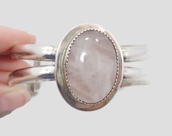 Rose Quartz Bracelet, Pink Stone, Sterling Silver, Vintage Cuff, Pink Gemstone, Big Statement, Large Stone, Boho Bohemian, 925, New Age