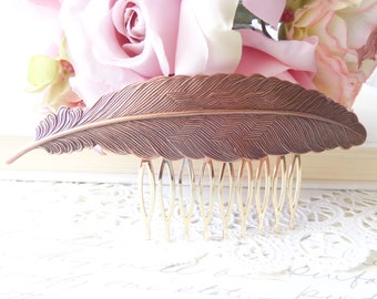 Copper Feather Hair Comb - Woodland Collection - Whimsical - Nature - Bridal - Wedding Hair