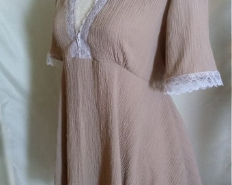 Taupe Boho Blouse with Lace Trim