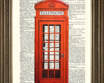 RED TELEPHONE BOX Print: Traditional British Phone Booth, Vintage Dictionary Page Art Antique Wall Hanging Gift (8 x 10")