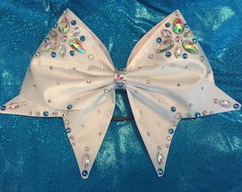 White Satin handsewn bow with AB crystal rhinestones and jewels